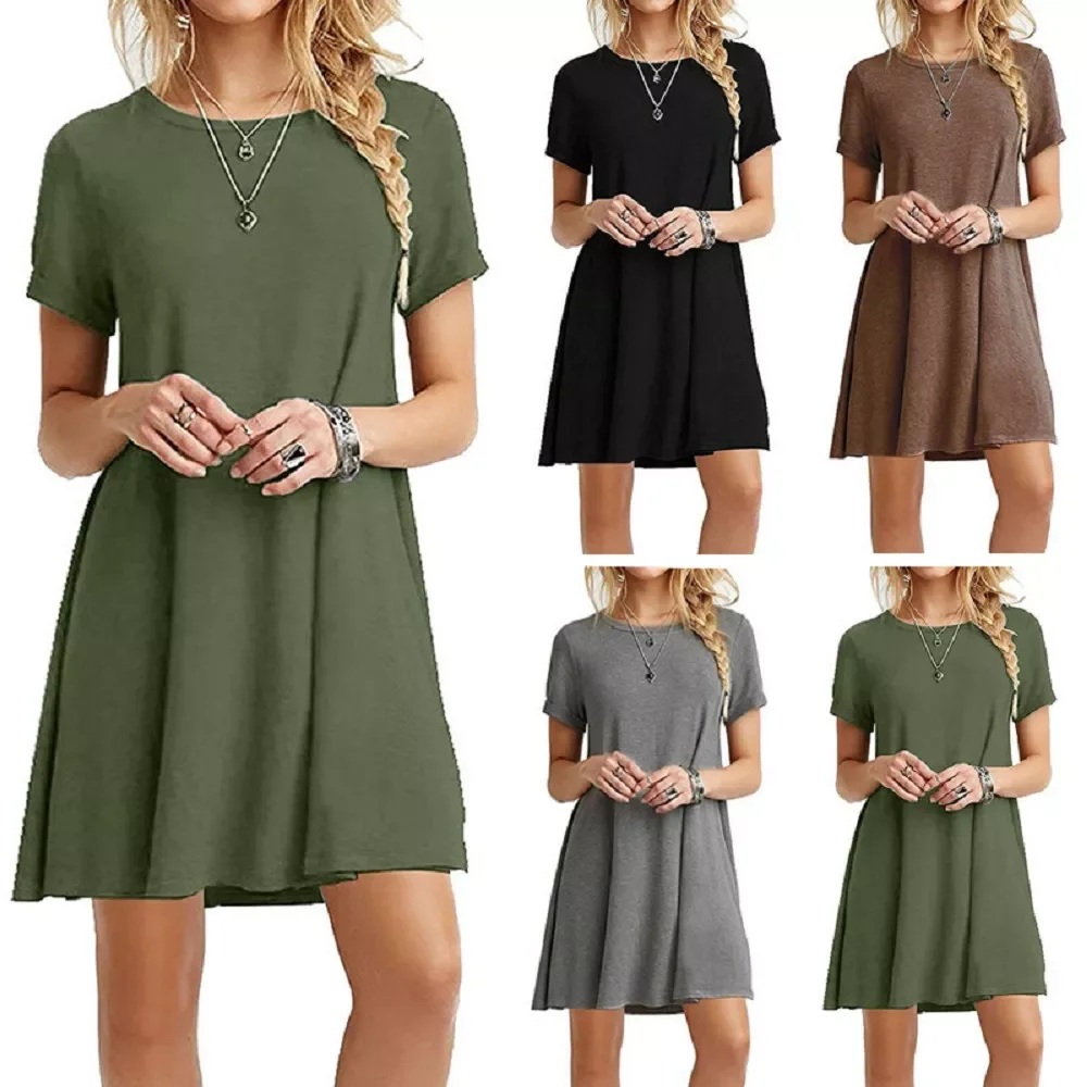 

Casual Boho Beach Dresses Womens O-Neck Party Summer Dress Short Sleeve Loose Mini Dress