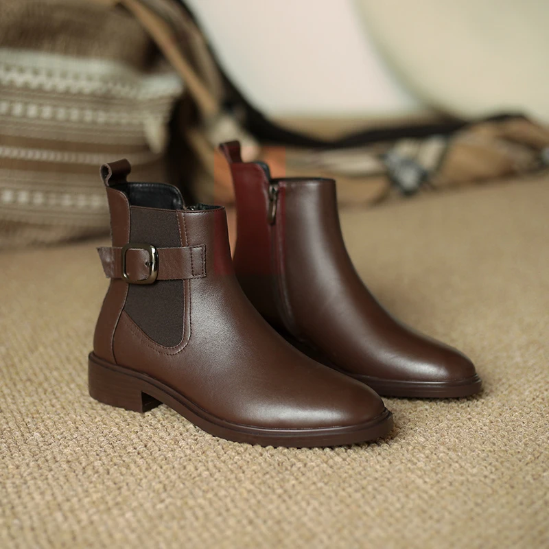 MythLuo Pumps Ankle Boots For Women Chunky Heels Short Boots Cow Leather Round Toe Side ZIP Office Ladies Casual Shoes Retro