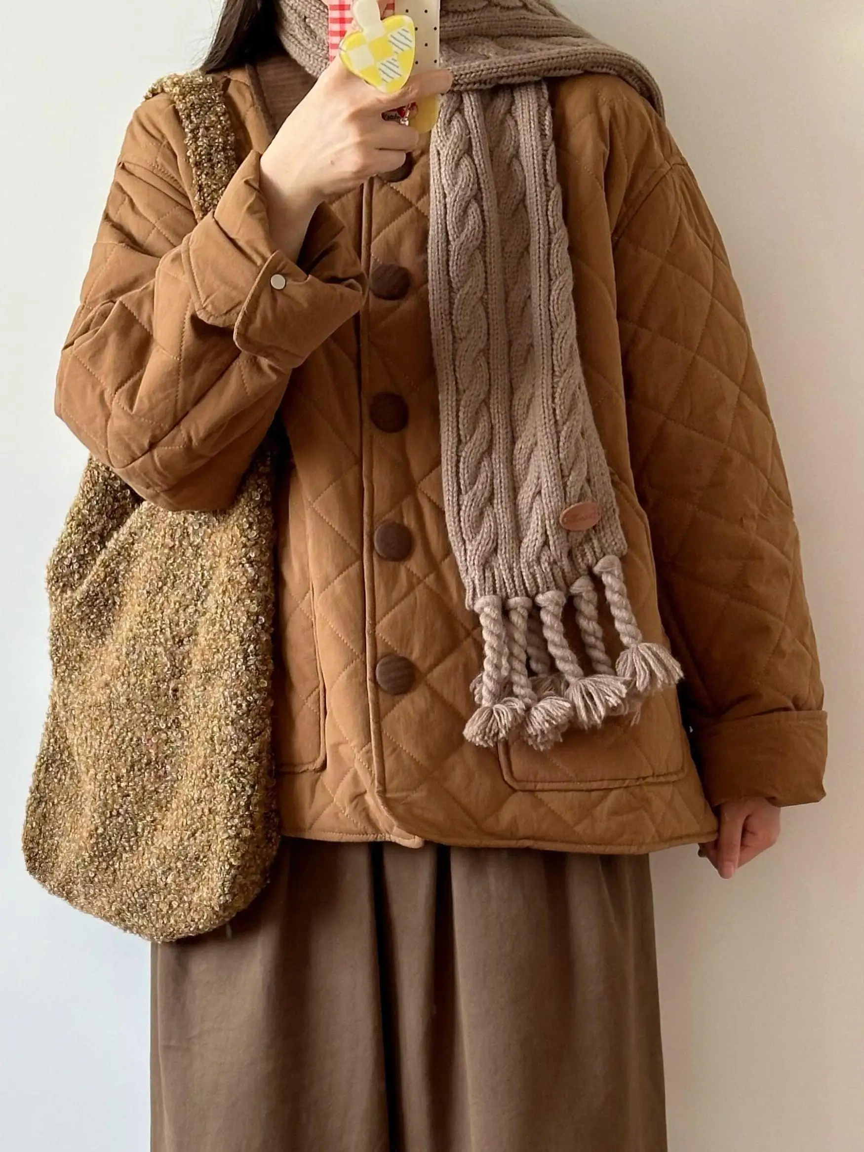 Rhombus Lapel Cotton-Padded Coat Cotton-padded jacket Women's Winter New Loose Retro Small Casual Thickened Warm Cotton-Padde...