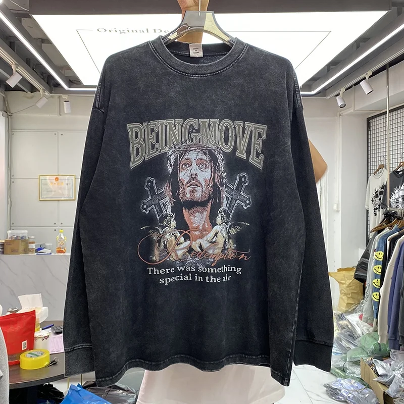 

KANYE Long Sleeve Thick T-Shirt High Street Retro Character Letter Cross Print Men's And Women's Loose Washable Long Sleeve T-Sh