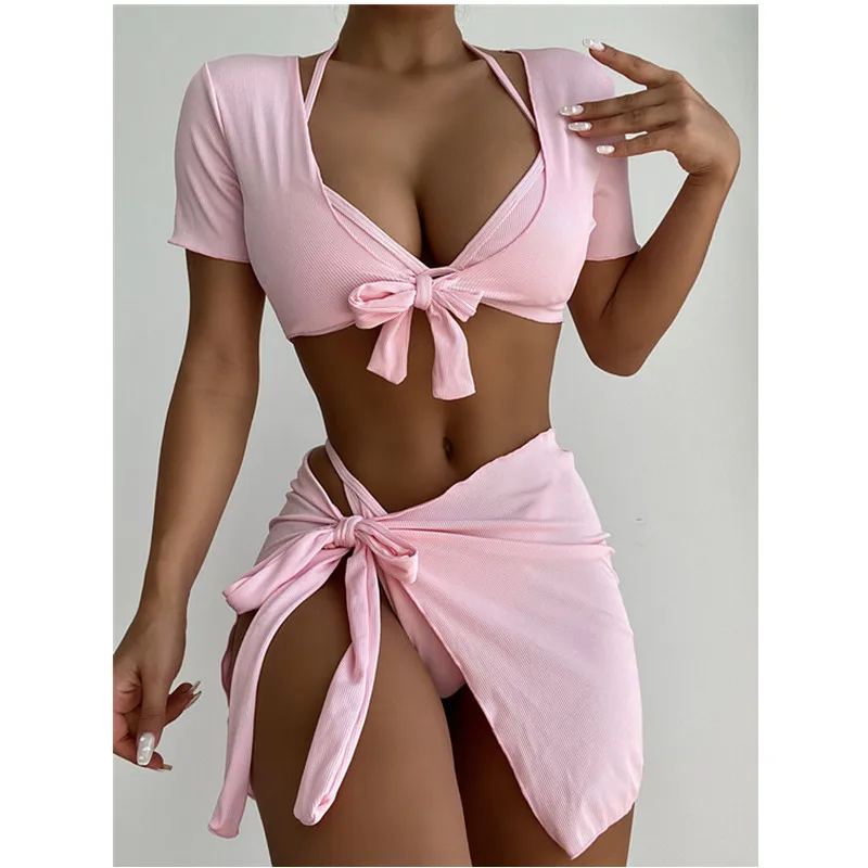 

Женские летние купальные костюмы, бразильский комплект бикини, женский бюстгальтер с мягкими чашечками и завязками, укороченные топы, саро...