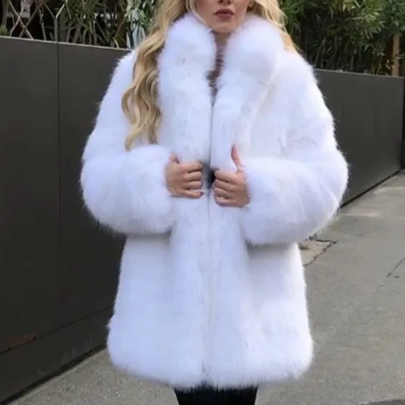 Fashion Faux Fur Coats Furry Fur Coat 2023 New Autumn Winter Women Warm Fake Fox Fur Stand Collar Jacket Female Clothes White