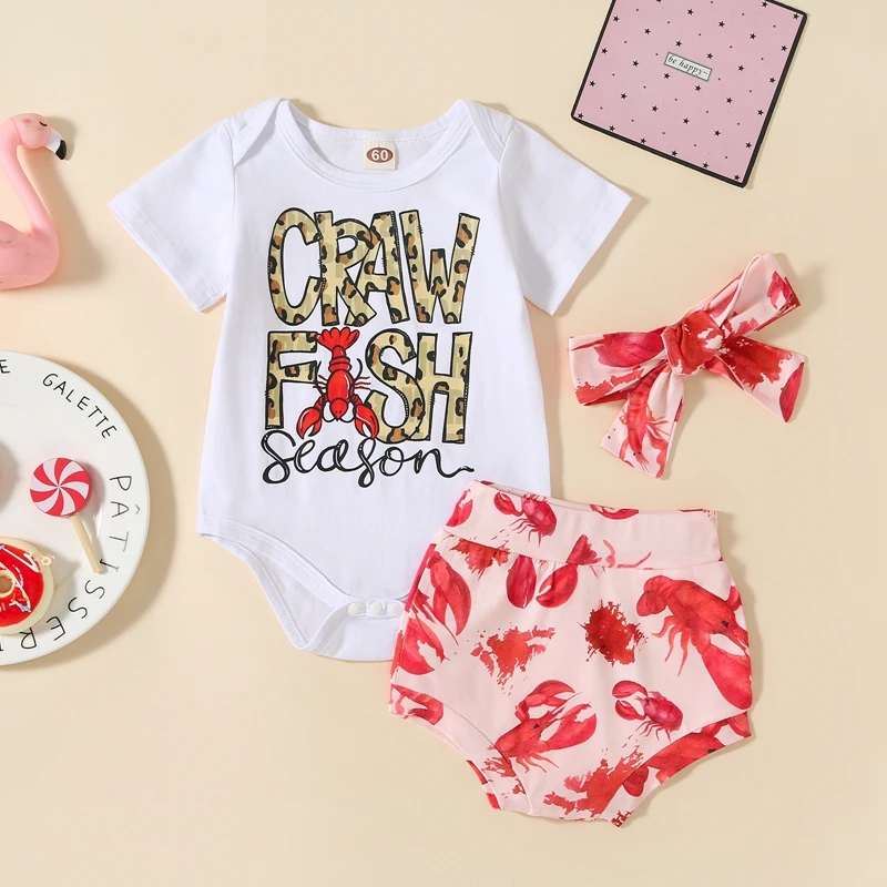 

Infant Newborn Baby Girls 3Pcs Summer Clothes, Short Sleeve Romper + Crawfish Shorts + Headband Set 0-3T