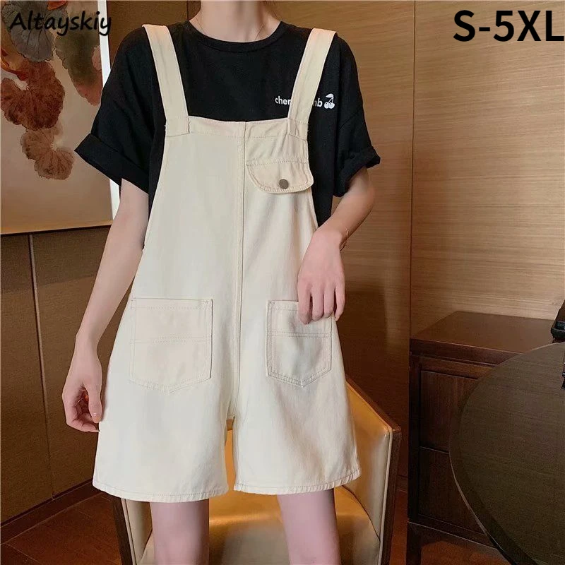 

Rompers Women Denim Solid Pockets Korean Style All-match Retro Loose Summer College Students Female Popular Streetwear Casual