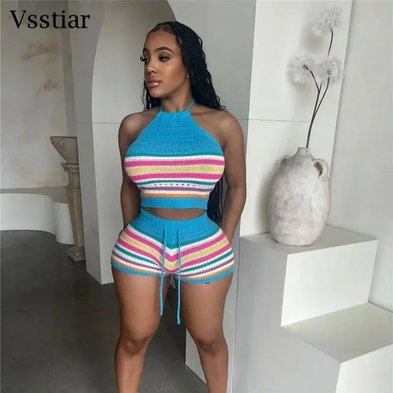 Vsstiar Летний полосатый Женский комплект из двух предметов сексуальный с открытой