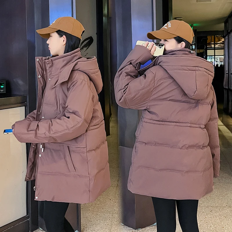 Winter Women Hooded Down Coat Lady Soft Loose Down Cotton Jacket Blue Adjustable Waist Parkas Outwear