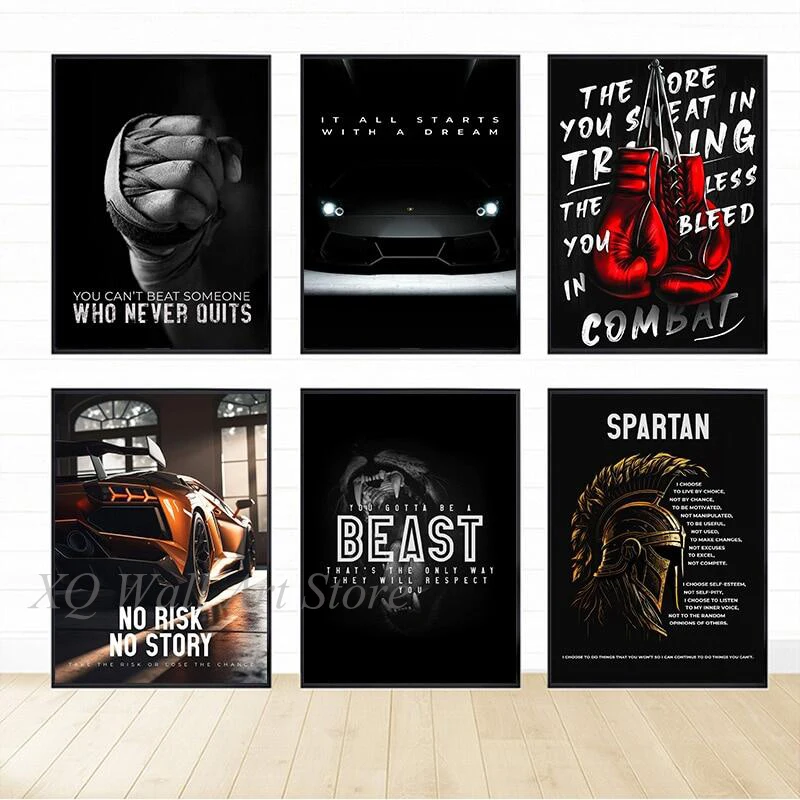 

Ultra Motivational Who Never Quit Letter Poster Canvas Painting Boxing Gloves Black and White Picture Wall Art Living Room Decor