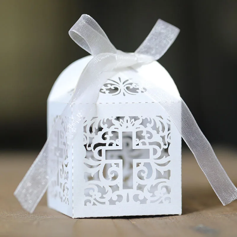 100шт лазерный крест коробка конфет Baby Shower подарочная упаковка с лентой день