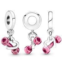 pink enamel dumbbel pendant fit original pan charms bracelet girly heart beads diy jewelry for women fitness tool dangle bangles