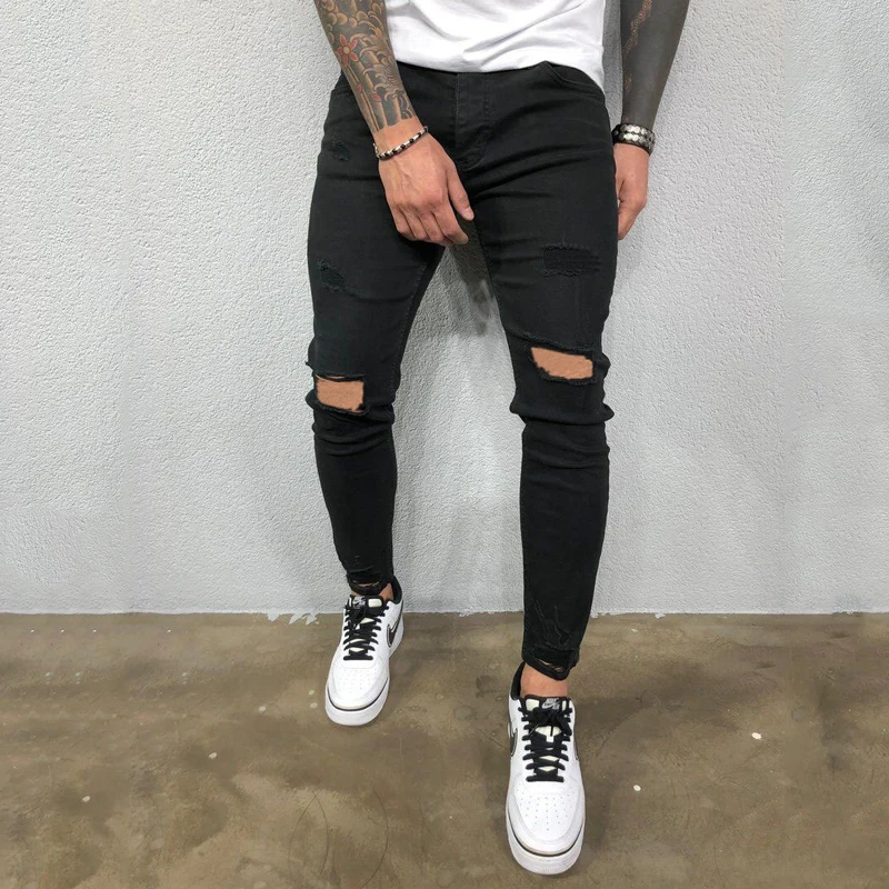High quality new European and American men's ripped elastic skinny jeans torn trend pants student social casual men's pants