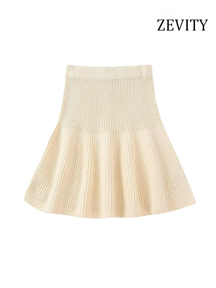 

ZEVITY Women Fashion Ruffled Hem Knit Mini Skirt Vintage High Waist With Elastic Waistband Female Skirts Mujer