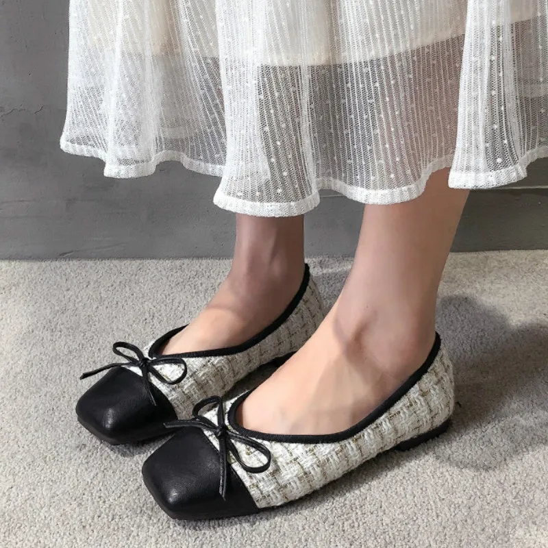 

Big Size 44 Spring Flats Shoes Women Square Toe Slip on Plaid Tweed Shoes Casual Soft Ballet Flats Ladies Shoes Zapatos JJ71