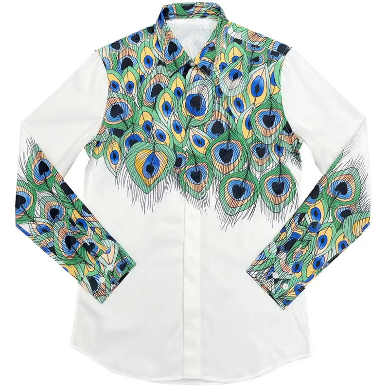 2022 Summer New Peacock Feather Pattern Printed Shirt Trend Men's Fashion Slim Shirt Retro Clothes Button up Shirt