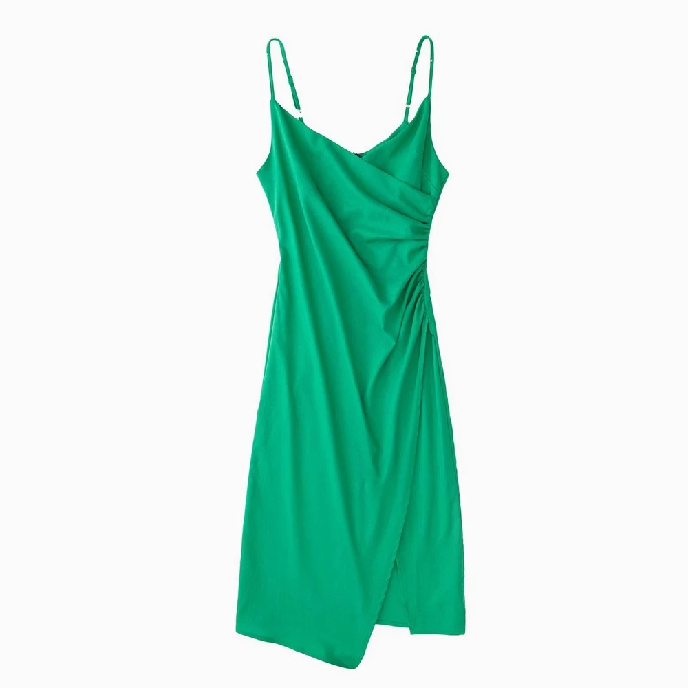 

Summer Dress Women 2022 New Clothing Green Color Mid-Calf Spaghetti Strap Feminino Vestidos