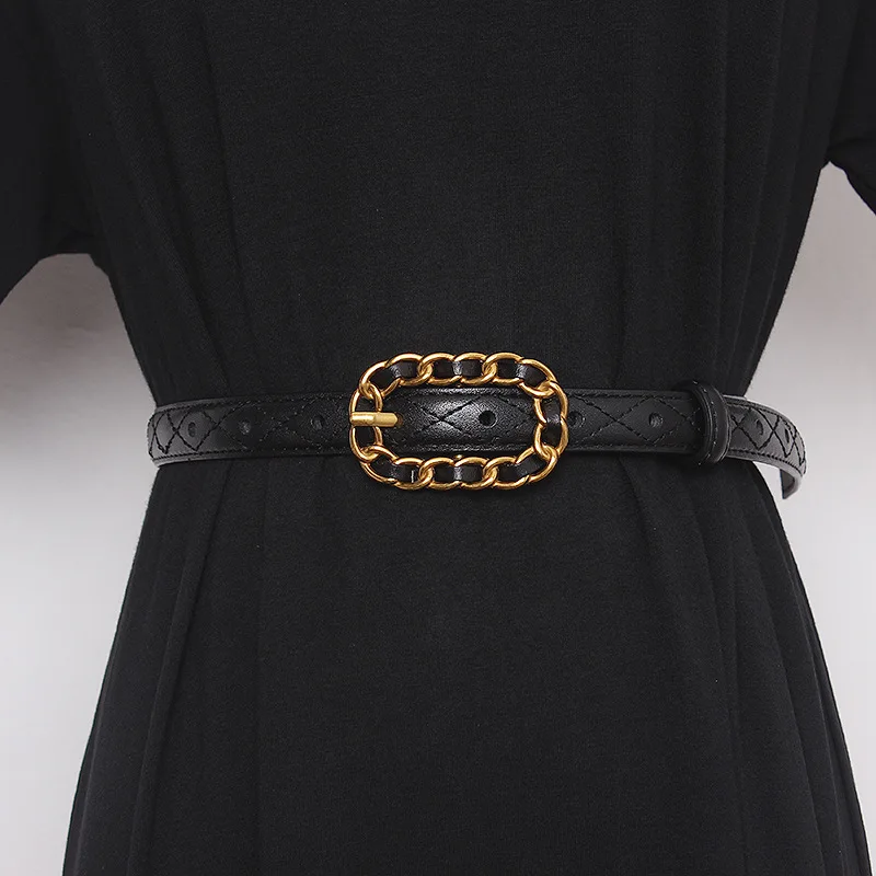 Women's vintage chain pin buckle small belt for women female matching jeans skirt casual cowhide