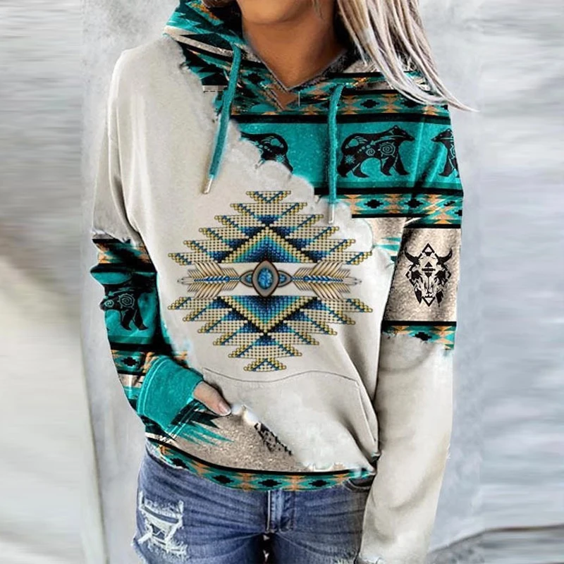 

2021 Autumn Long-sleeved Women Blouse Fashion Splice Printed Hoodies Pockets Ladies Sweatshirt Vintage Casual Loose Street Tops