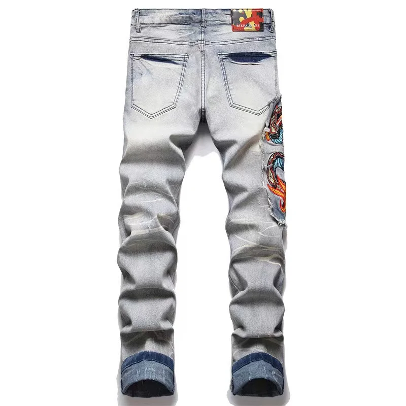 EH·MD® Color-Painted Graffiti Jeans Men Torn Elastic Slim Embroidered Trousers Leather Label Spot Pleated Patchwork Scratch Art2
