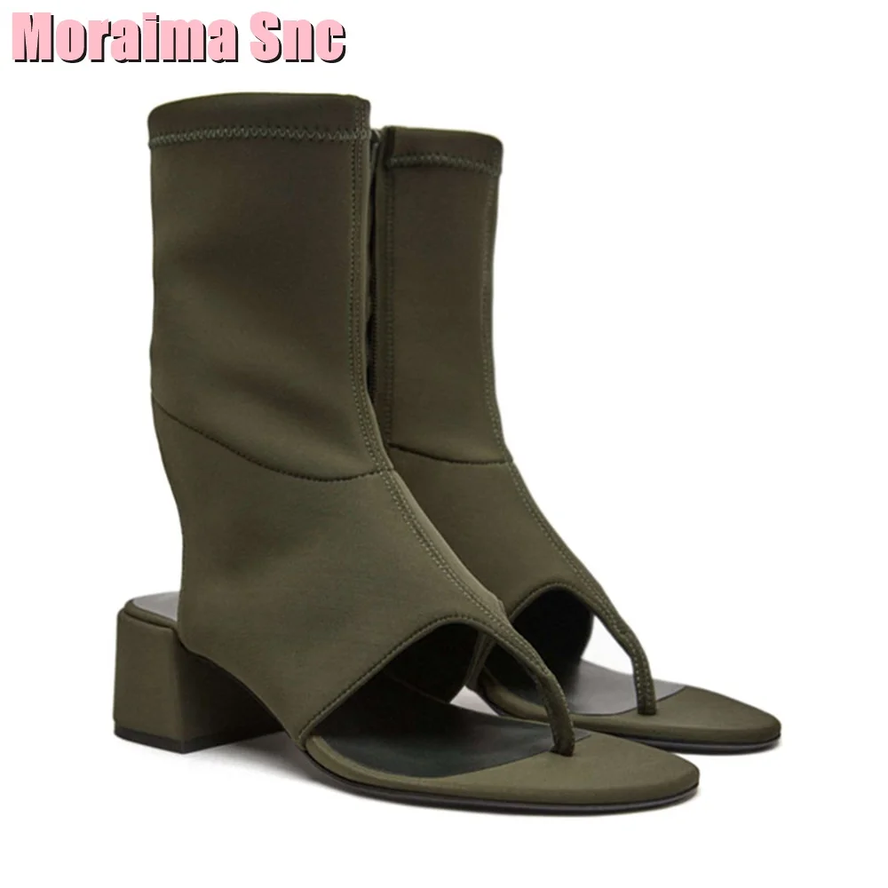 Clip Toe Lycra Slingback Ankle Boots Round Toe Side Zipper Block Mid Heel Army Green Solid Sexy Women Shoes Summer Fashion 2023