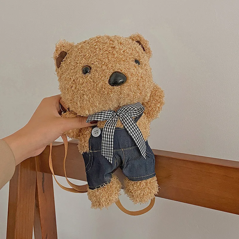 

New Girl cute bear shape plush storage bag nylon shoulder strap adjustable For lipstick / air cushion messenger cosmetic bag