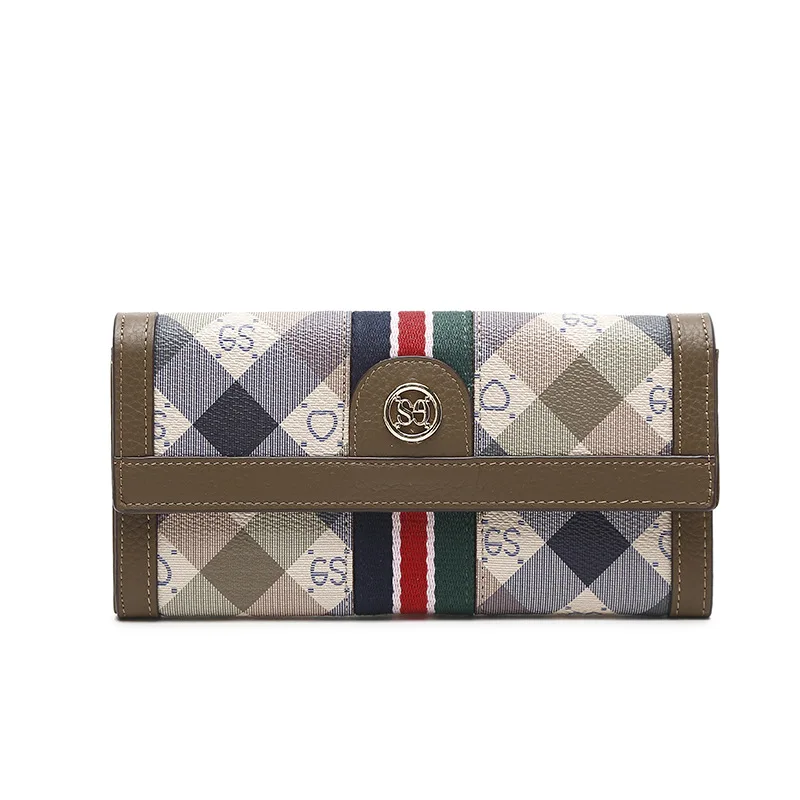 2023 Genuine Leather Women Wallets Brand Design Stripe Ribbon Clutch Bag First Layer Cowhide Long Purse Plaid Female Wallet