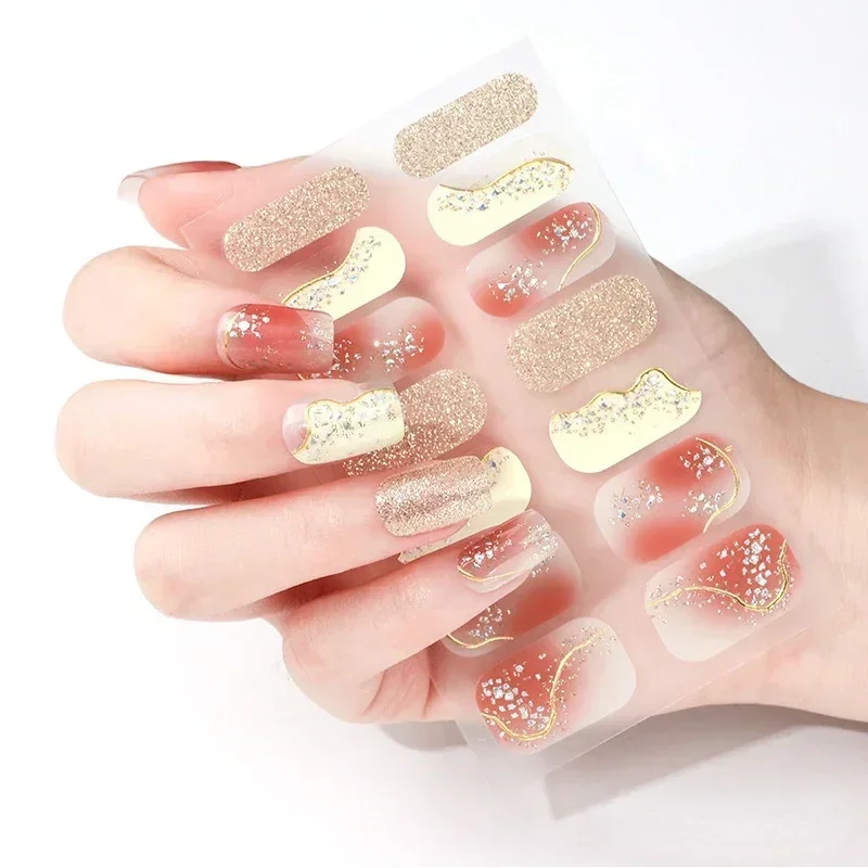 

Golden Marble Gel Nail Strips Patch Sliders Flowers Gradient Color Adhesive Full Cover Gel Nail Stcikers UV Lamp Cured Manicure