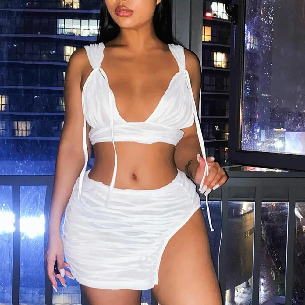 

2 Pcs Club Tops Skirt Set White Solid Color Deep V Neck See Through Elastic Waist Pleated Split Sexy Vest Skirt Set Clubwear