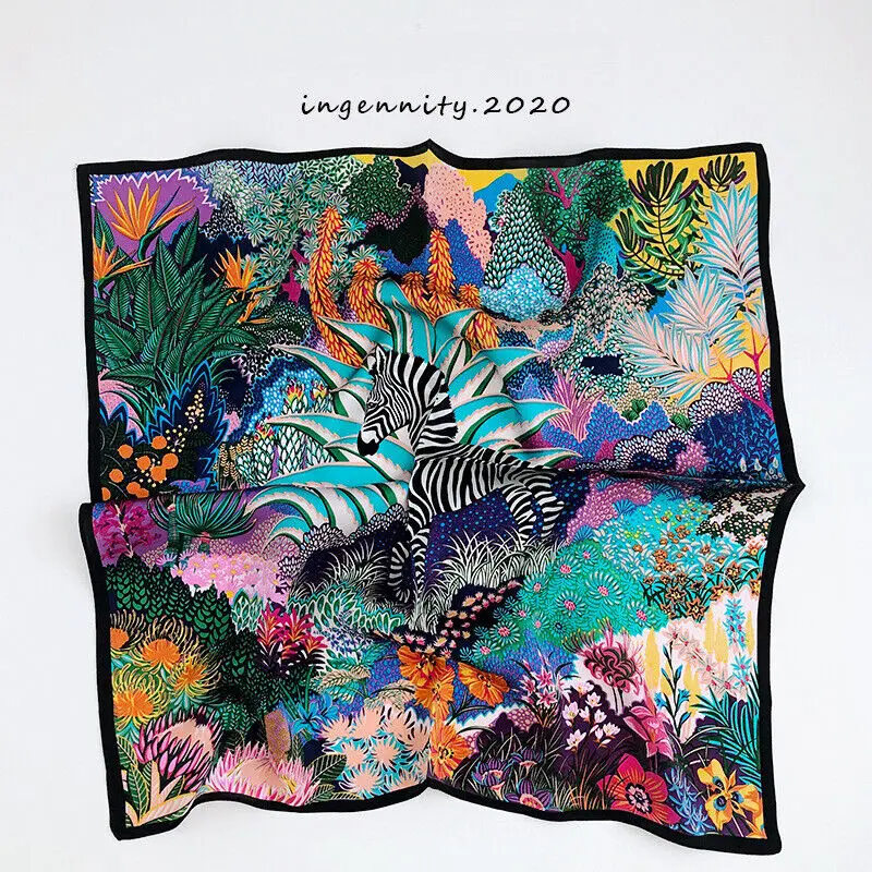 

Luxury 100% Silk Scarf Fashion Tribal Forest Jungle Zebra Kerchief Turban 53*53cm