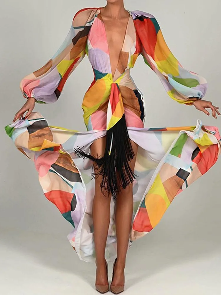 

Elegant Women Lantern Sleeves Big Hem Extra Long Dress Sexy Deep V Neck Slit Party Dress Ladies Fashion High Waist Print Dresses