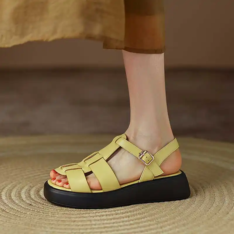 

Vichelo Hot Full Grain Leather Luxury Peep Toe Thick Bottom Platform Buckle Strap Solid Non-slip Comfortable Women Sandals L8f4