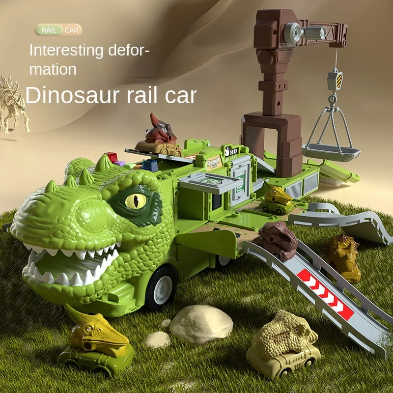 

Children Dinosaur Rail Car Deformation DIY Light Music Storage Inertia Sliding Simulation Toy Engineering Car 2022