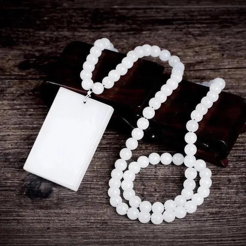 

Natural White Jade Rectangle Blank Pendant Beaded Necklace Men Women Jades Donuts Charms Sweater Chain Fine Jewelry Accessories