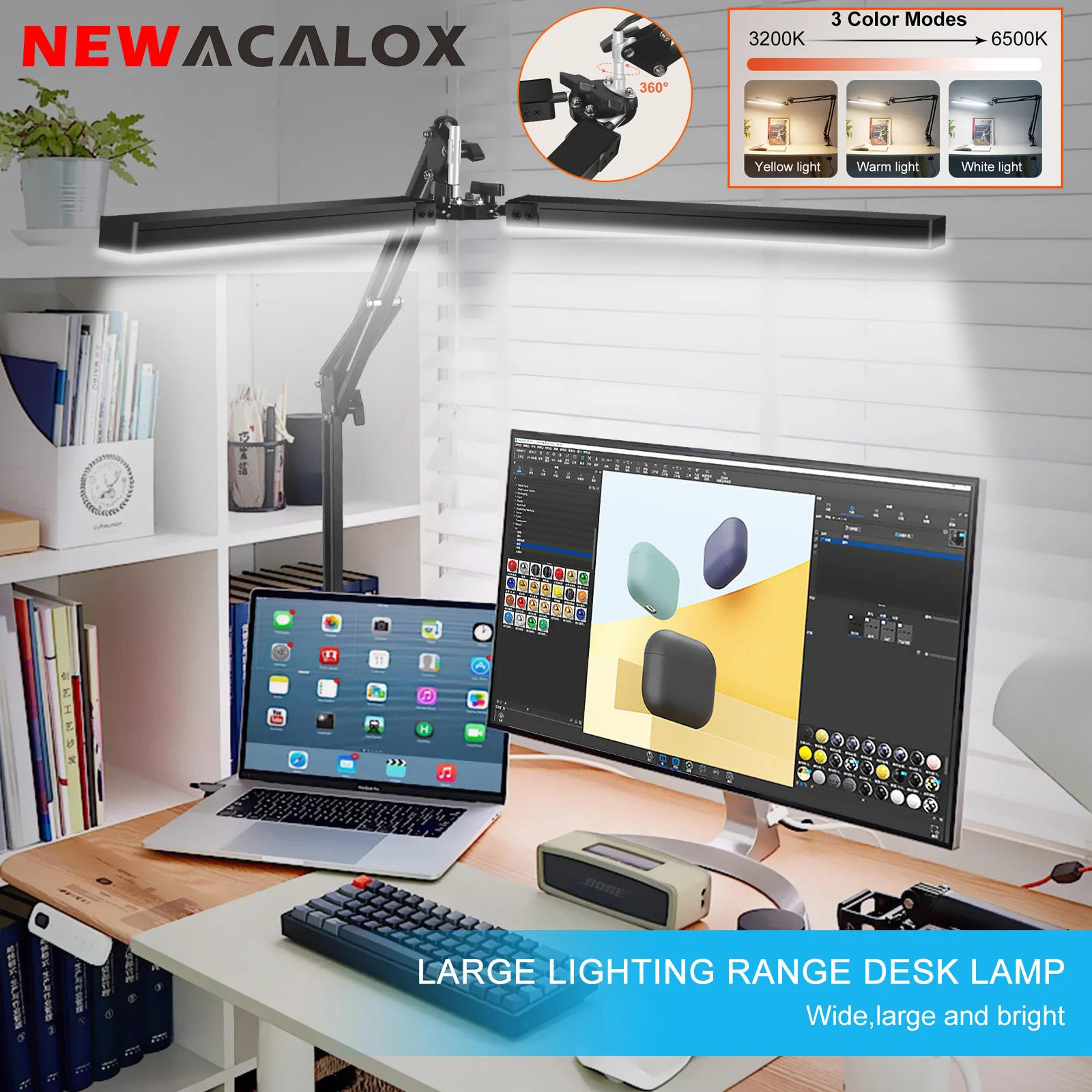 NEWACALOX EU/US 12V 24W LED Desk Lamp 3 Color Dimmable Light Table Clamp Folding Reading Lamp Computer Screen Hanging Lamp