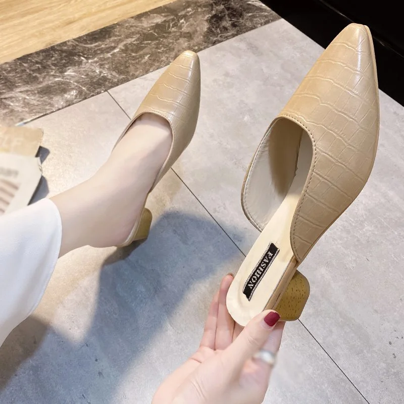 

41 42 Plus Size Women's Block Heels, Fashionable Textured Pointed Mules, Korean Style Mid-heeled Half Shoes