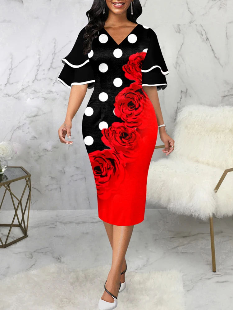 

Flower Black White Polka Dot Print Party Dress Ladies Deep V Neck Butterfly Half Sleeve Vestidos Sexy Package Hip Skinny Dresses