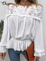 celmia fashion lace stitching blouses women sexy off shoulder long sleeve tunic elegant waisted peplum shirts summer solid tops