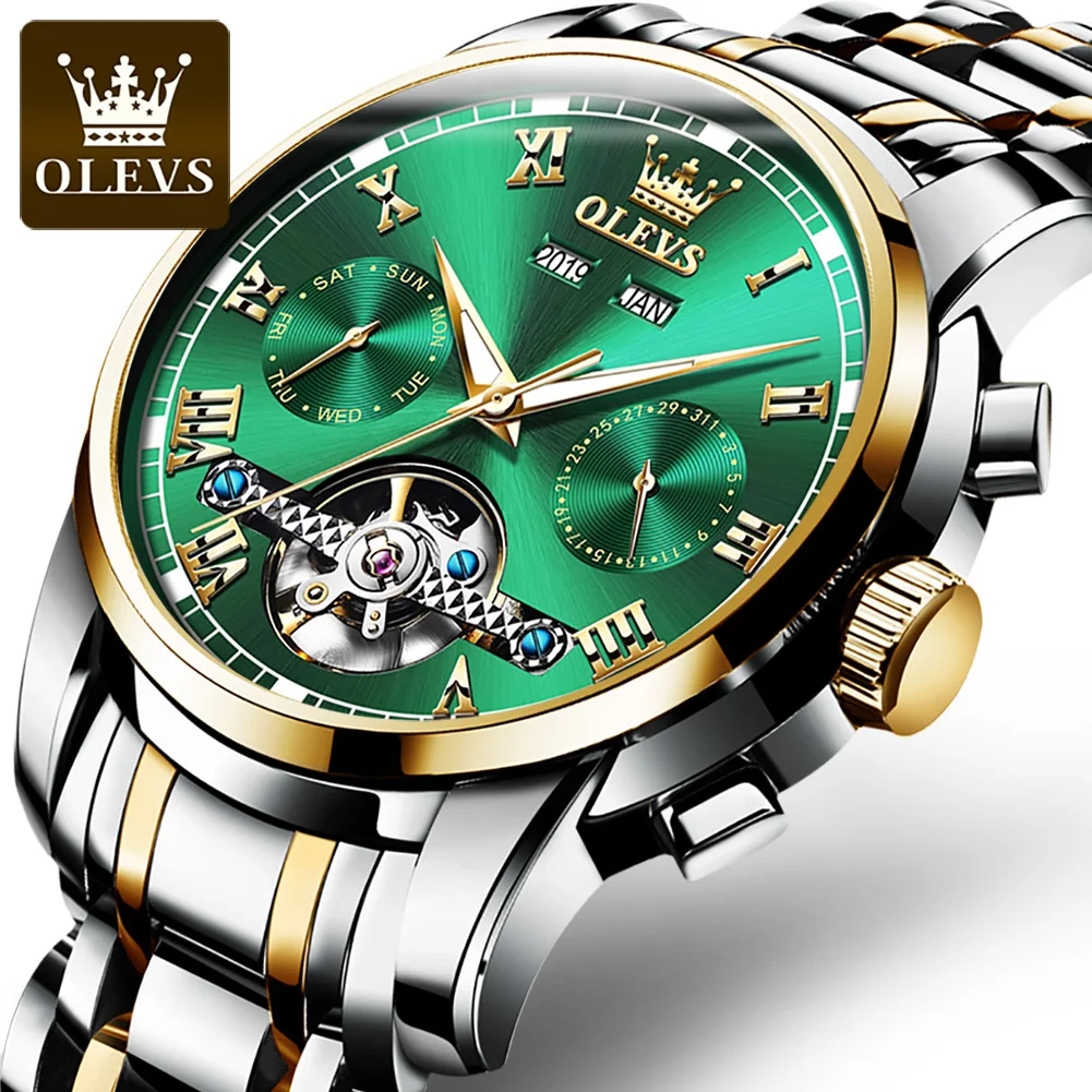 

OLEVS Automatic Mechanical Men Watches Stainless Steel Waterproof Date Week Green Fashio Classic Wrist Watches Reloj Hombre