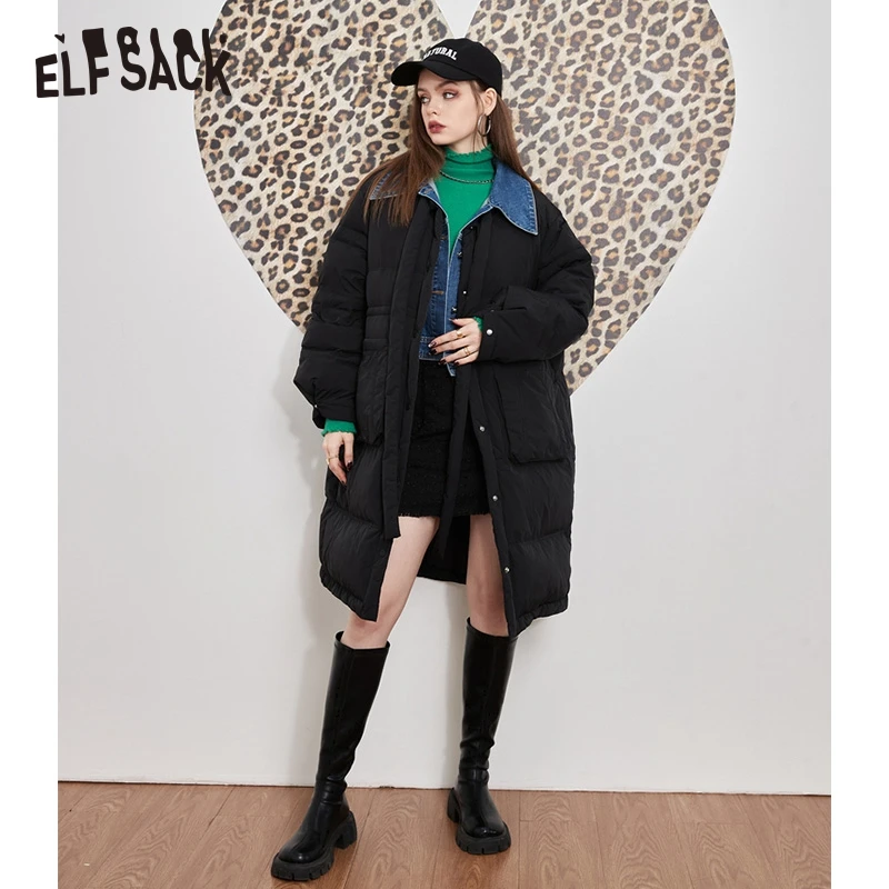 ELFSACK Black Fake Two-piece Down Coats Women 2022 Winter Loose Mid-length Casual Coats