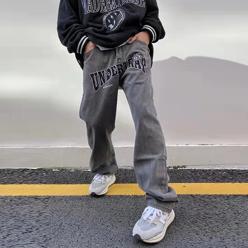 

Gradient Color Letter Embroidery Retro Casual Jeans Pants for Men and Women Straight Washed Streetwear Baggy Denim Trousers