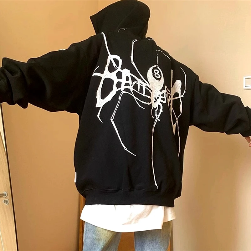 

Толстовка мужская в стиле хип-хоп, уличная одежда в стиле Харадзюку, свитшот на молнии с графическим принтом паука, модный Свободный Топ в стиле панк, 2023
