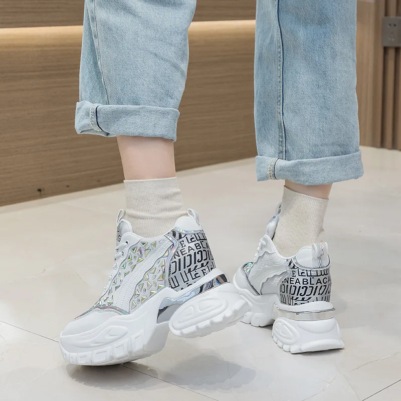 Autuspin 8.5cm Hidden Heels Women Fashion Rhinestone Vulcanize Shoes Spring Summer Genuine Leather Platform Wedge Sneaker Woman