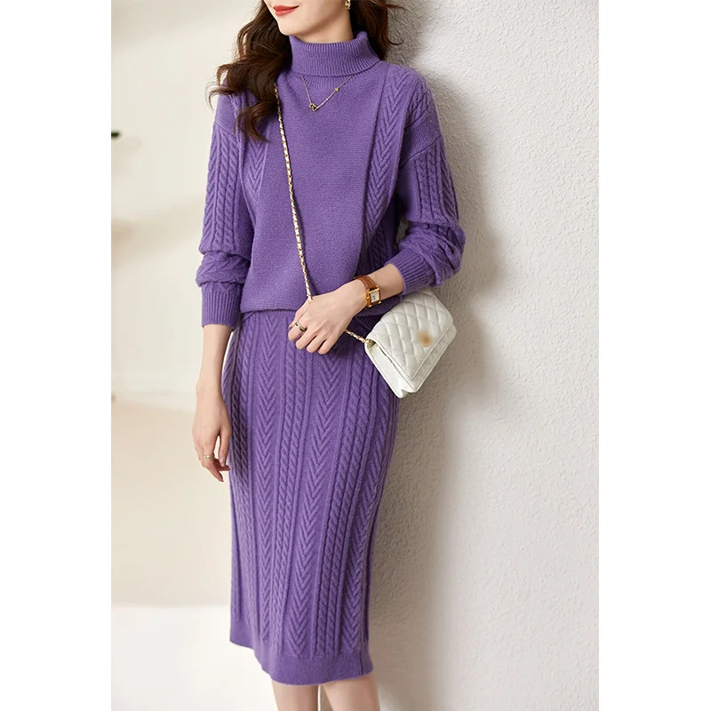 Vimly Purple Outifits Sweater Two Piece Matching Sets Korean Fashion Turtleneck Sweater and Knitted Skirt Womens Clothes 71267
