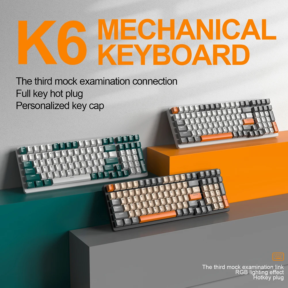 

K6 Mechanical Keyboard 100 Keys RGB Backlight Hot Swap Gaming Keyboard 3 Modes Type-C Wired 2.4G Wireless Bluetooth Keyboards