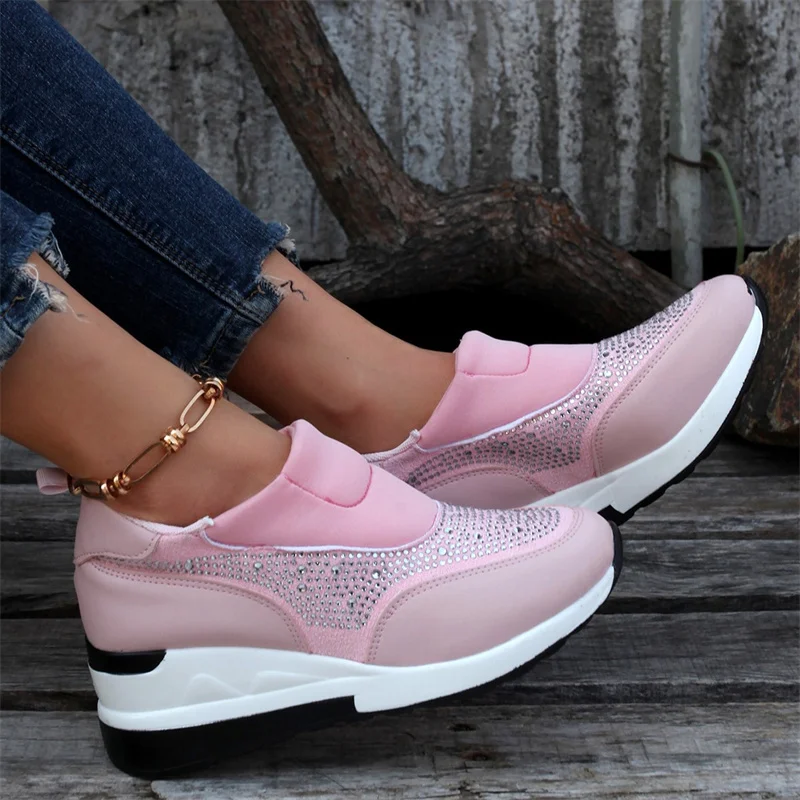 Women Crystal Sneakers Spring Autumn Casual Zipper Flat Shoes Women Non-slip Breathable Outdoor Vulcanized Shoes Woman