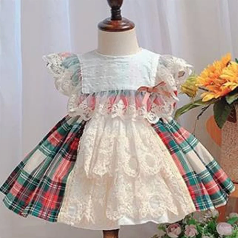 

New children's plaid skirt girls Spanish dress baby Lolita lace Christmas dress
