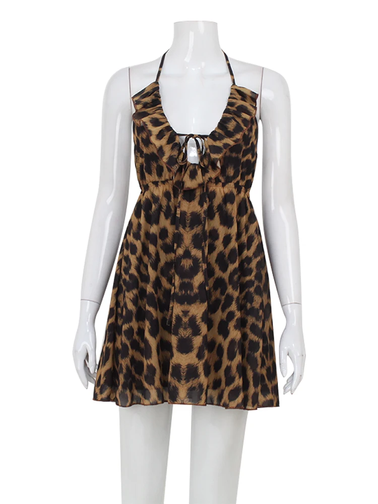 Женское леопардовое платье с открытой спиной и V-образным вырезом