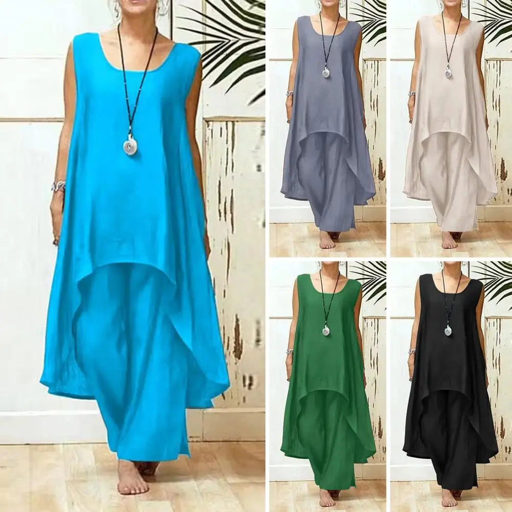 

Женский свободный костюм оверсайз, асимметричный однотонный костюм из двух предметов без рукавов, уличная одежда для отдыха, весна-лето 2023