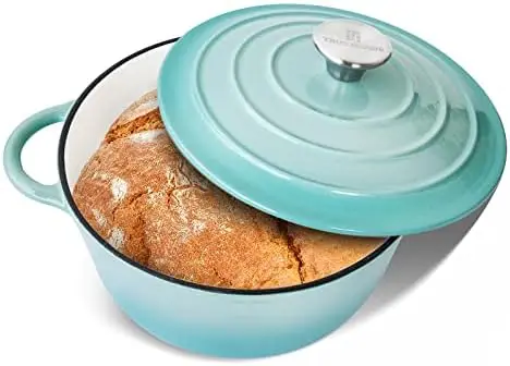 

QT Cast Iron Dutch Oven, Enamel Coated Cookware Pot with Self Basting Lid for Home Baking, Braiser, Cooking, Aqua