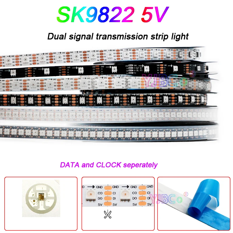 1~5m Addressable SMD 5050 RGB pixel SK9822 LED Strip Light 5V 30/60/144 leds/m DATA and CLOCK seperately Smart Lamp Tape APA102