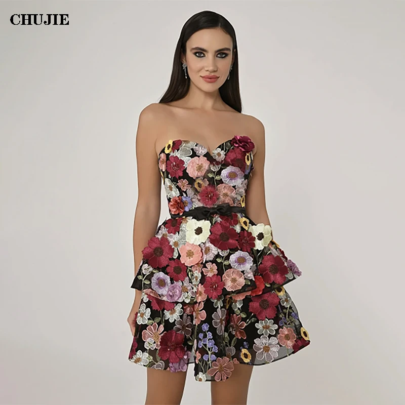 Коктейльные платья с 3D цветами для женщин мини-тюлевое элегантное вечернее
