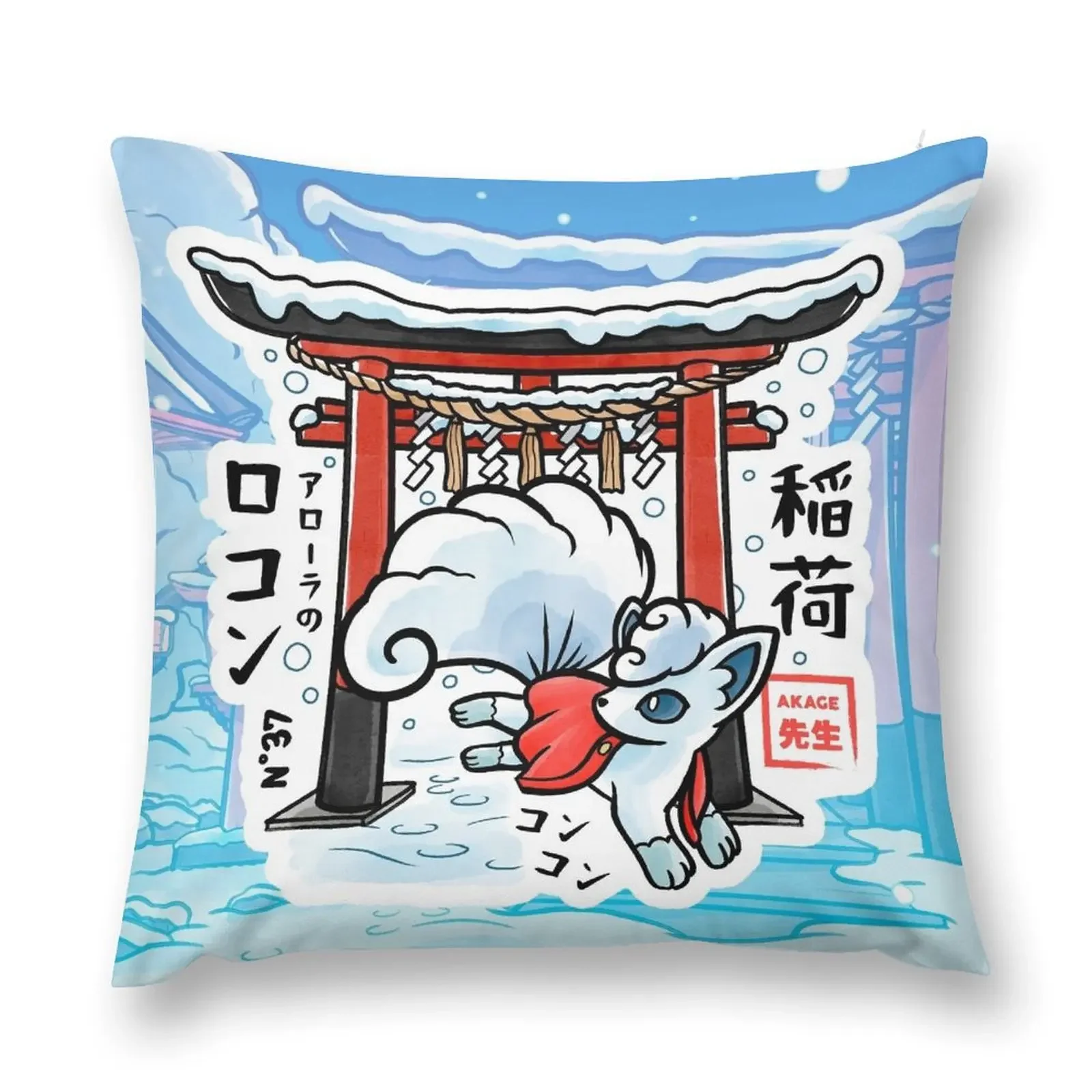 Белая лиса кицунэ под воротами Тории во время зимы в японском традиционном стиле.